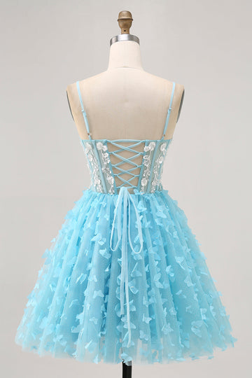 Blue A Line Appliques Butterfly Corset Short Homecoming Dress